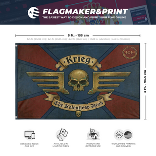 A mockup depicting custom flag specifications and measurements for 'DKOK 401st flag'