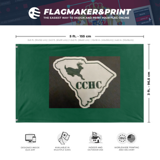 A mockup depicting custom flag specifications and measurements for 'CCHC flag'
