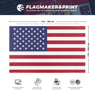 A mockup depicting custom flag specifications and measurements for 'Flag of the United States'