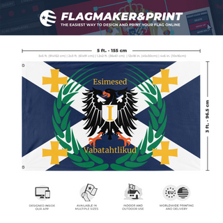 A mockup depicting custom flag specifications and measurements for 'First volunteers flag'