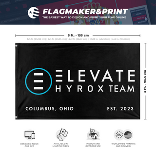 A mockup depicting custom flag specifications and measurements for 'Elevate Hyrox flag'