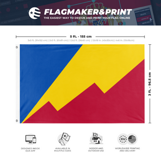 A mockup depicting custom flag specifications and measurements for 'Boulder CO flag'