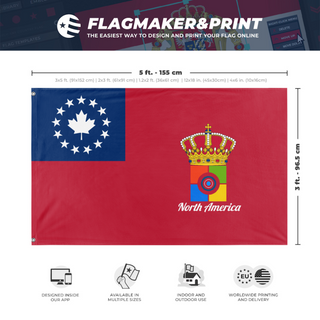 A mockup depicting custom flag specifications and measurements for 'North American Crown Handle flag'