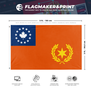 A mockup depicting custom flag specifications and measurements for 'North American Wealth and 6 Pointed Star Handle flag'