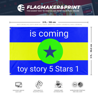 A mockup depicting custom flag specifications and measurements for 'Toy Story 5 star 1 flag'