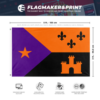 A mockup depicting custom flag specifications and measurements for 'Acadiana Halloween flag'