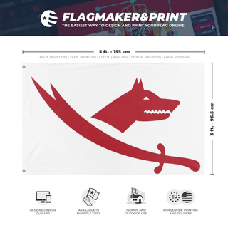 A mockup depicting custom flag specifications and measurements for 'Turkoman-Alevi flag'