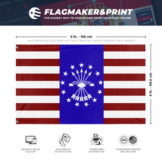 A mockup depicting custom flag specifications and measurements for 'Falangist USA Flag'