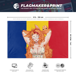 A mockup depicting custom flag specifications and measurements for 'BuffpupPanPride flag'
