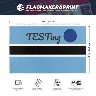 A mockup depicting custom flag specifications and measurements for 'test flag'