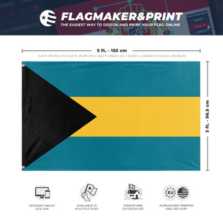 A mockup depicting custom flag specifications and measurements for 'test flag'