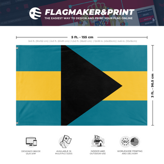A mockup depicting custom flag specifications and measurements for 'test flag'
