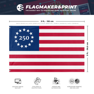 A mockup depicting custom flag specifications and measurements for 'United States Semiquincentennial flag'