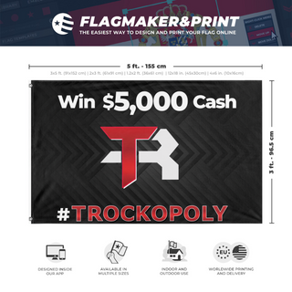 A mockup depicting custom flag specifications and measurements for 'TRock flag'