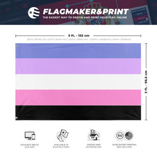 A mockup depicting custom flag specifications and measurements for 'Omniace flage flag'