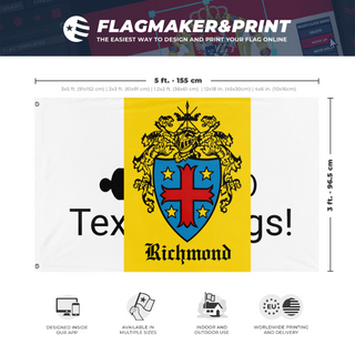 A mockup depicting custom flag specifications and measurements for 'crest flag'