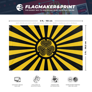 A mockup depicting custom flag specifications and measurements for 'Shogun Samurai flag'