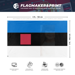 A mockup depicting custom flag specifications and measurements for 'test flag'