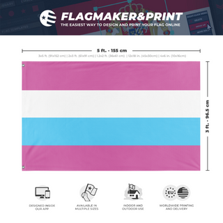 A mockup depicting custom flag specifications and measurements for 'Femboy Clique flag'