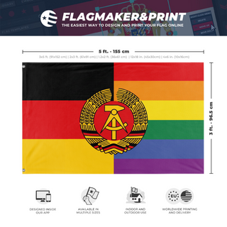 A mockup depicting custom flag specifications and measurements for 'East Germany Pride flag'