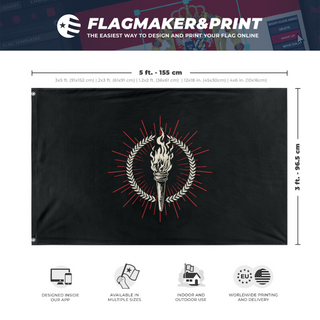 A mockup depicting custom flag specifications and measurements for 'veritas victrix flag'