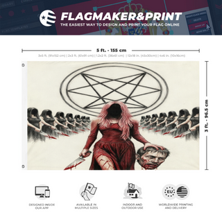 A mockup depicting custom flag specifications and measurements for 'Red Goddess flag'