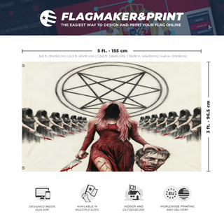 A mockup depicting custom flag specifications and measurements for 'Red Goddess flag'