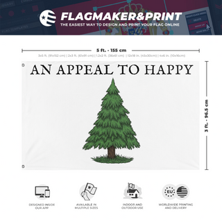 A mockup depicting custom flag specifications and measurements for 'An Appeal to Happy flag'