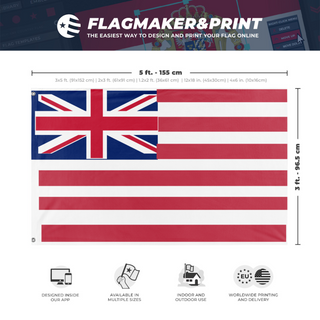 A mockup depicting custom flag specifications and measurements for 'U.S. Brittish colonies flag'