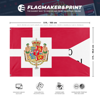 A mockup depicting custom flag specifications and measurements for 'Historical Royal Danish flag'