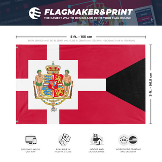 A mockup depicting custom flag specifications and measurements for 'Royal Standard Danish flag'
