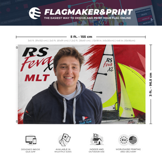A mockup depicting custom flag specifications and measurements for 'Coach appreciation flag'