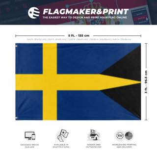 A mockup depicting custom flag specifications and measurements for 'Historical Swedish flag'