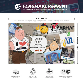 A mockup depicting custom flag specifications and measurements for 'I will die for my country markham village flag'