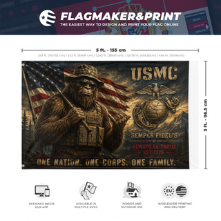 A mockup depicting custom flag specifications and measurements for 'USMC Bigfoot flag'