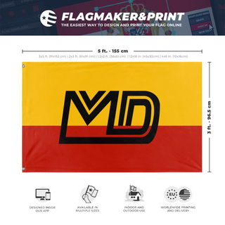 A mockup depicting custom flag specifications and measurements for 'MD flag'