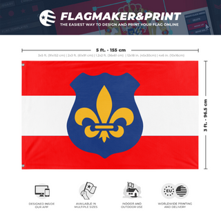 A mockup depicting custom flag specifications and measurements for '100 flag'
