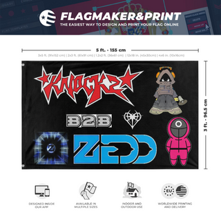 A mockup depicting custom flag specifications and measurements for 'knock2zedd flag'