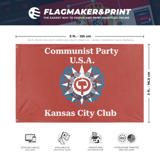 A mockup depicting custom flag specifications and measurements for 'CPUSA Kansas City Club flag'