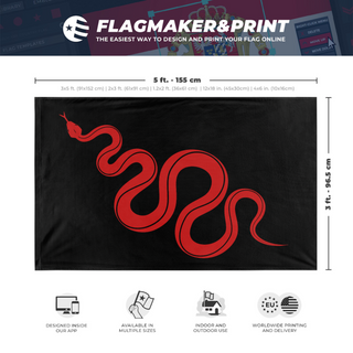 A mockup depicting custom flag specifications and measurements for 'Red-Rattlesnake flag'
