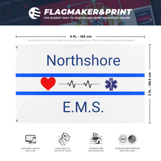 A mockup depicting custom flag specifications and measurements for 'Northshore E.M.S. flag'