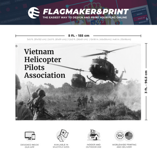 A mockup depicting custom flag specifications and measurements for 'Vietnam Helicopter Pilots Association flag'