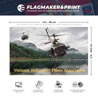 A mockup depicting custom flag specifications and measurements for 'Vietnam Helicopter Pilots Association flag'