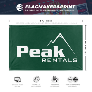 A mockup depicting custom flag specifications and measurements for 'Peak Logo flag'