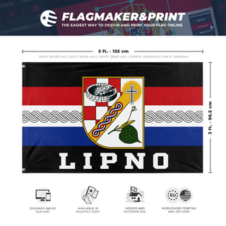 A mockup depicting custom flag specifications and measurements for 'LIPNO! flag'