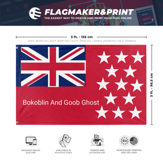 A mockup depicting custom flag specifications and measurements for 'Boko and Goob flag'