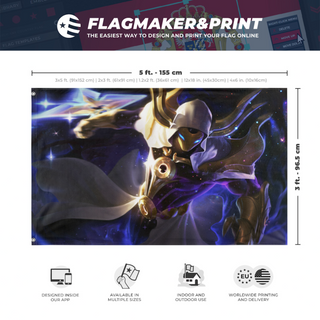 A mockup depicting custom flag specifications and measurements for 'Cosmic Reaver Kassadin flag'