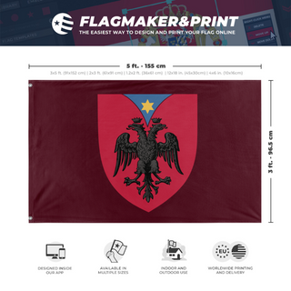 A mockup depicting custom flag specifications and measurements for 'Personal Custom Coat of Arms flag'