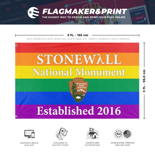 A mockup depicting custom flag specifications and measurements for 'Stonewall National Monument Flag'