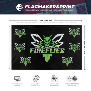 A mockup depicting custom flag specifications and measurements for 'NMFFLOGO flag'